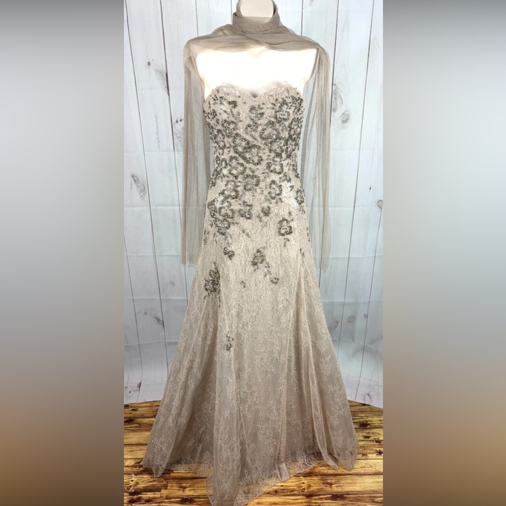 Liancarlo Couture Hand Beaded Chantilly Lace Sequin Strapless Formal Gown Dress